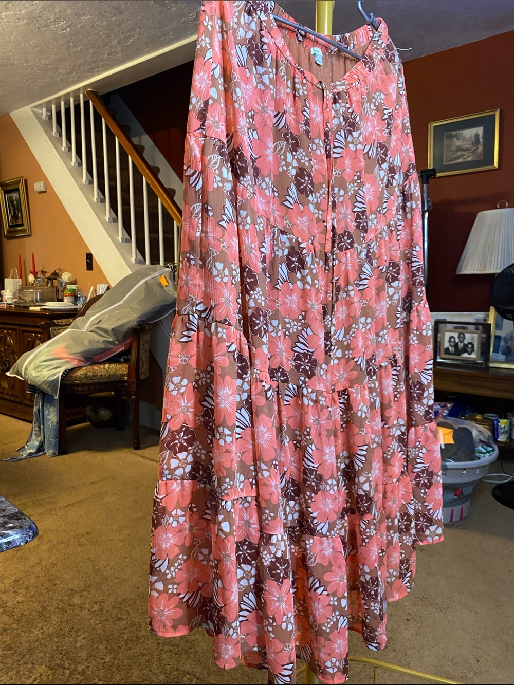 aerie Floral Tiered Midi Skirt in coral, white and Brown - Picture 1 of 6